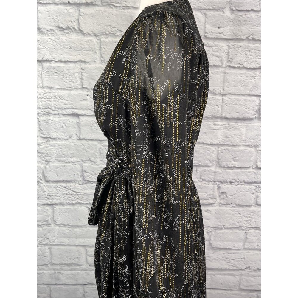 BTFL-LIFE Women's Black Metallic Floral Print Long Sleeve Wrap Maxi Dress Medium - Picture 4 of 7